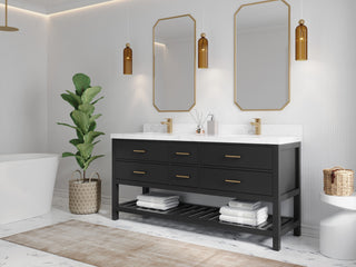 Parker 72" Double Sink Bath Vanity, Black 2" Carrara Quartz