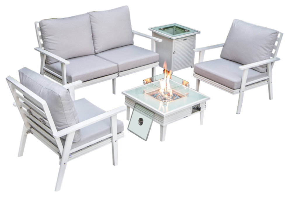 LeisureMod Walbrooke White Patio Conversation Set With Fire Pit, Light Gray