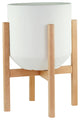 XX Large Fiber Clay Pot 16'' White With Wood Plant Stand Set Natural Color