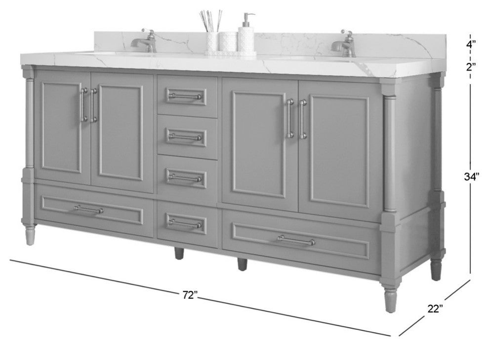 Aberdeen 72" Double Sink Bath Vanity, Alabaster 2" Empira Quartz