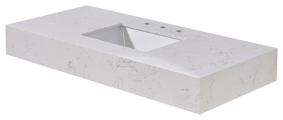 Merano Engineered Stone Vanity Top, Aosta White Apron With White Sink, 48"