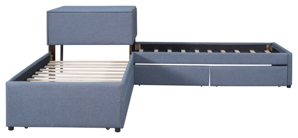 Gewnee L-shaped Platform Beds with Twin Size Trundle in Gray