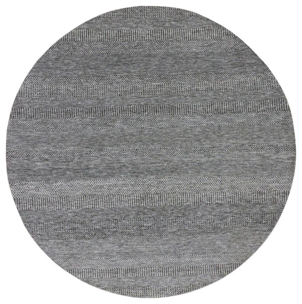 Solid Gray Hand Knotted Undyed Wool Modern Grass Design Round Rug 7'10"x7'10"