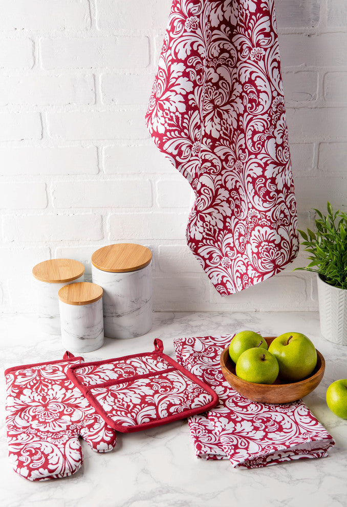 Wine Damask Oven Mitt and Potholder Set