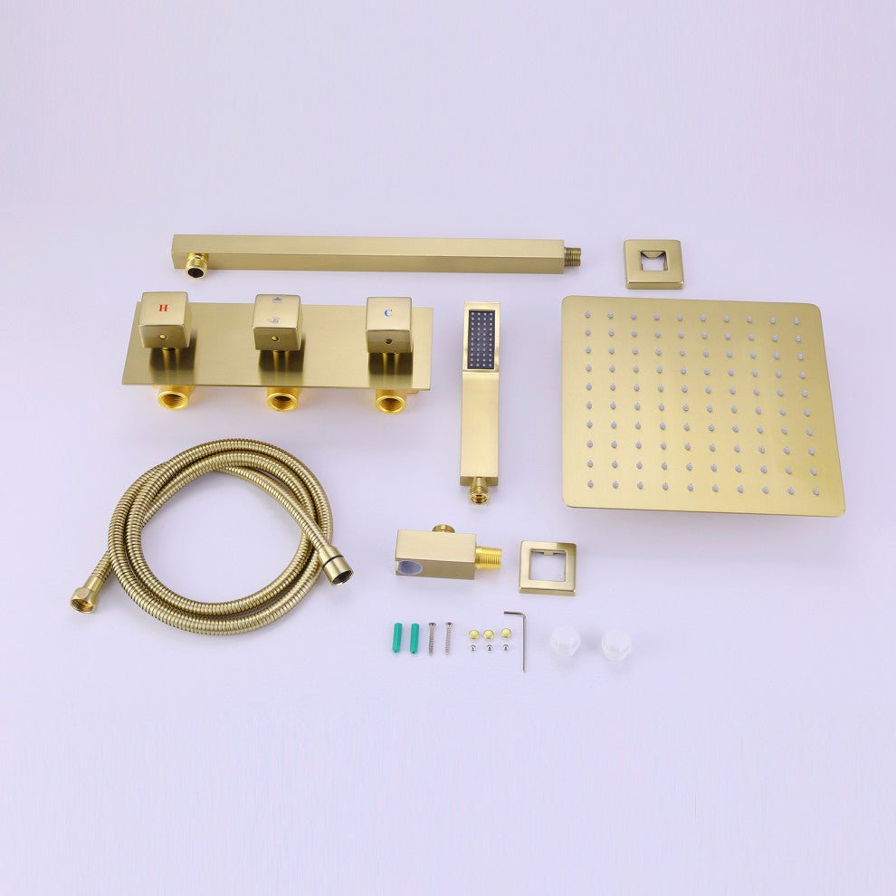 Wall Mounted Rain Shower System with Hand Shower, Brushed Gold
