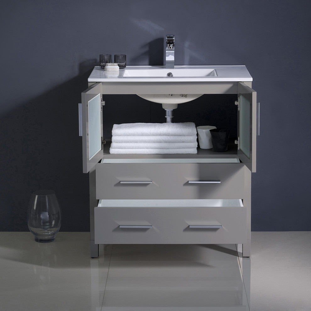 Torino Modern Bathroom Cabinet With Integrated Sink, Gray, 30"