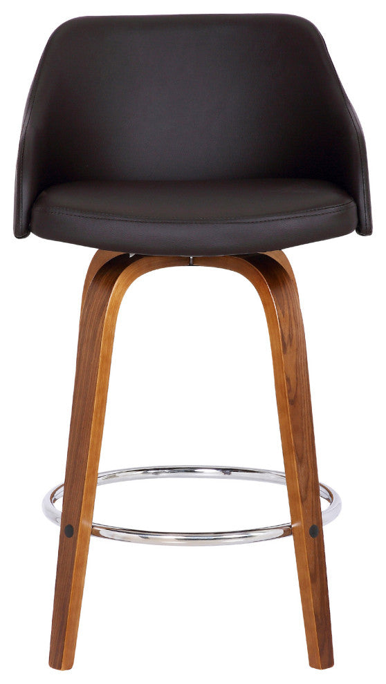 26" Brown Swivel Faux Leather Walnut Wooden Bar Stool