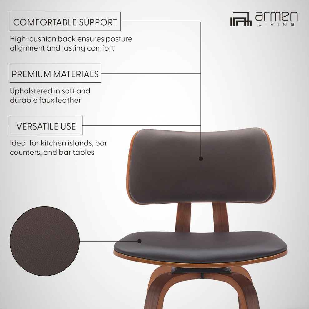 Pico 26" Swivel Walnut Wood Counter Stool, Brown Faux Leather With Chrome, 30