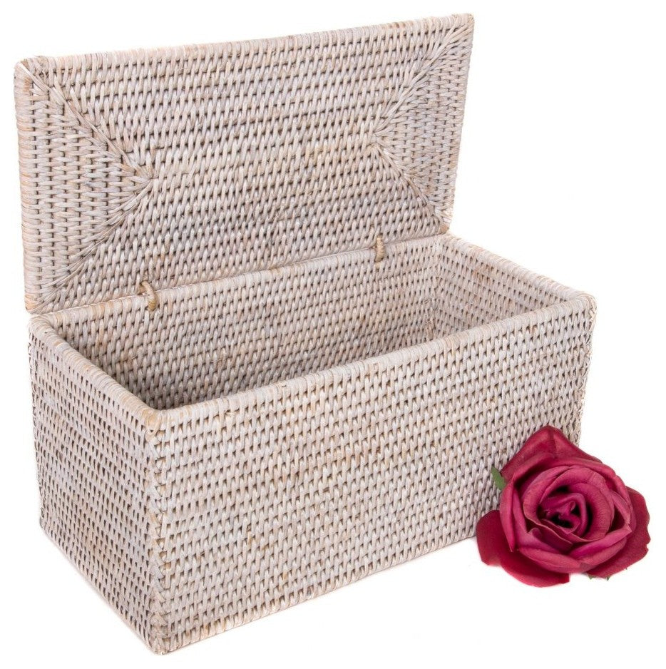 Artifacts Rattan™ Rectangular Double Toilet Roll Holder with Hinged Lid, White Wash