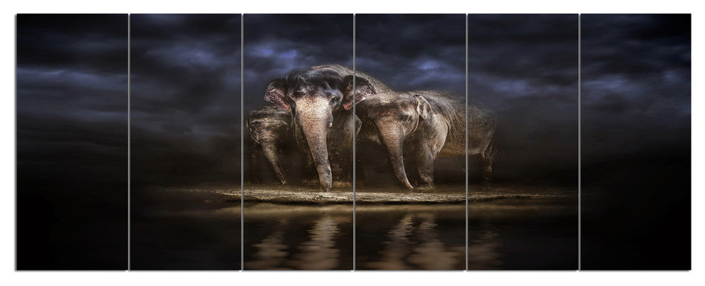 Elephants Watering in the River, Animal Canvas Wall Art, 70"x28", 6 Panels