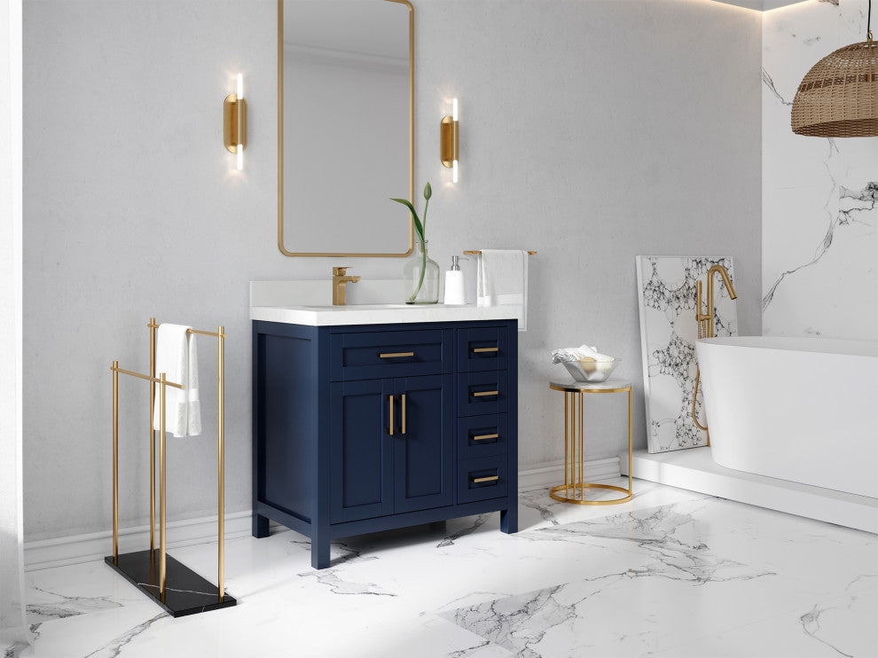 Cambridge 36 Left Offset Bath Vanity in Hale Navy Blue 2" Carrara Marble