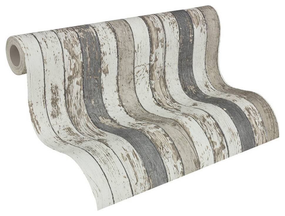 Faux Textured Wallpaper Wooden Stripes, Cream Gray Brown, One Roll