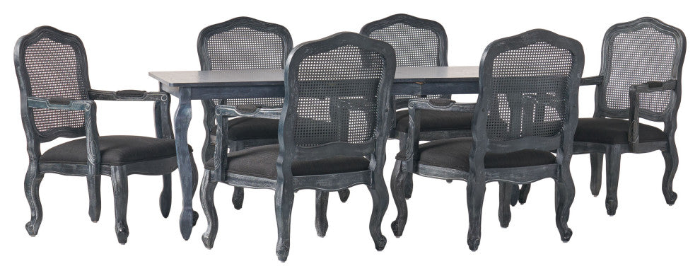 Bonview Fabric Upholstered Wood and Cane Expandable 7-Piece Dining Set, Gray/Black