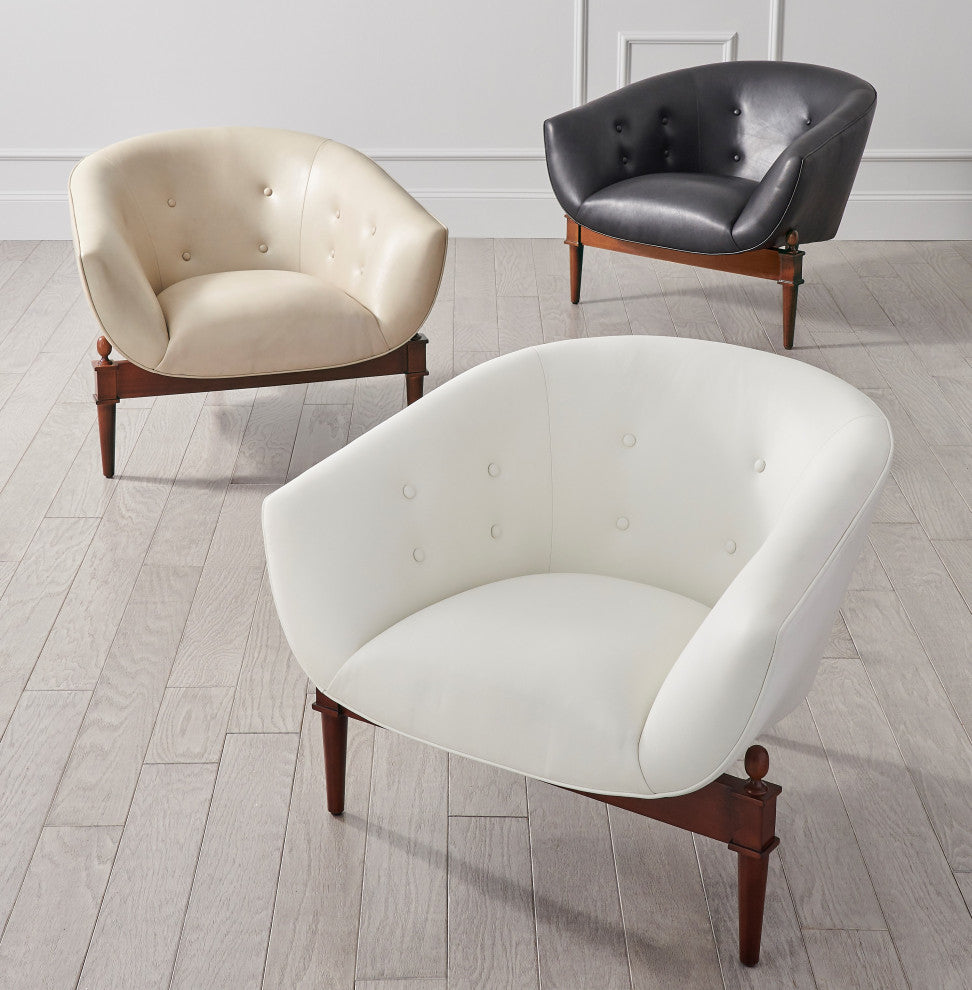 Luxe Mid Century Modern White Leather Club Chair  Round Barrel Minimalist Retro