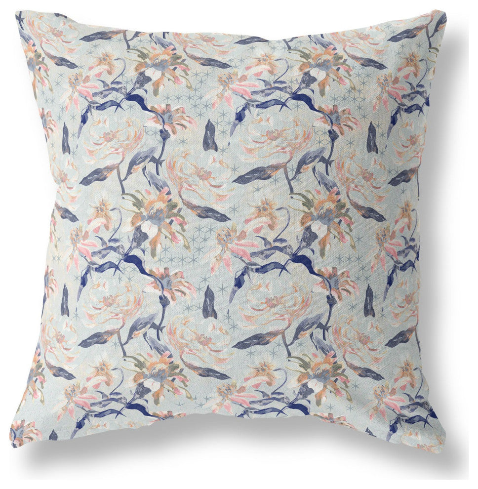 28" Light Blue Indigo Roses Indoor Outdoor Throw Pillow