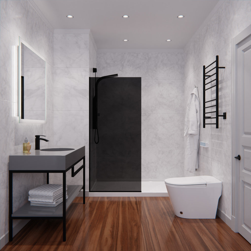 Veil Series 74"x34" Framed Frosted Glass Shower Screen Shower Door, Matte Black, Tinted