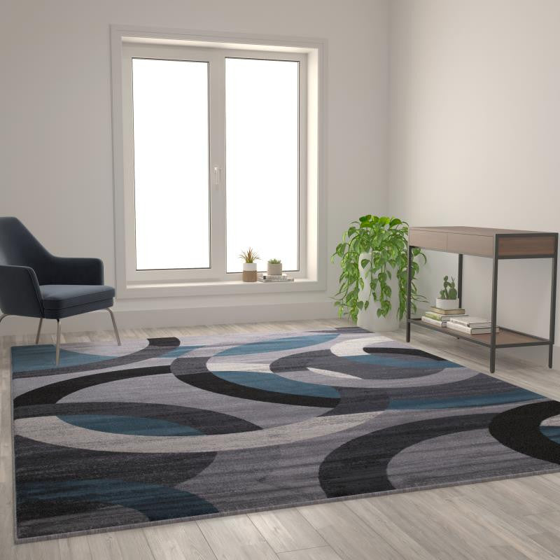Harken Collection Geometric Olefin Area Rug with Jute Backing, Blue, 8' X 10'