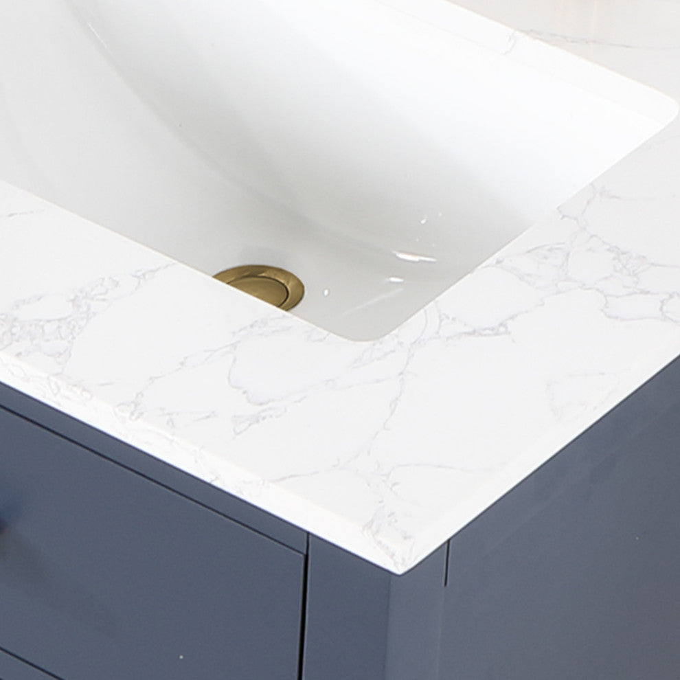 Gavino Vanity With Grain White Composite Stone Top, Royal Blue/Brushed Gold, 60", With Mirror