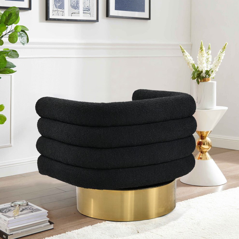 Dexter Boucle Fabric Swivel Accent Chair, Gold Base, Black