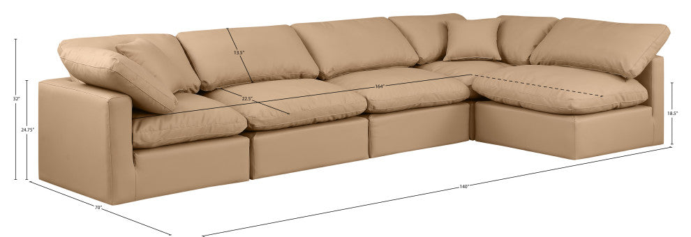 Indulge Upholstered Modular L-Shaped Sectional, Tan, 5-Piece: 3 Armless Chair, 2 Corner Chair, Fiber Stuffed Vegan Leather