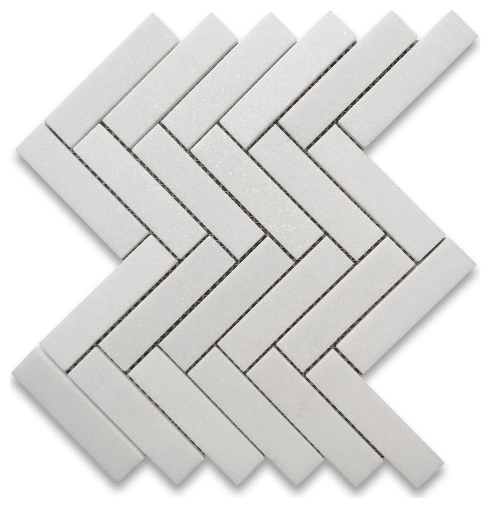 Thassos White Marble 1x4 Herringbone Mosaic Wall Floor Tile Honed, 1 sheet