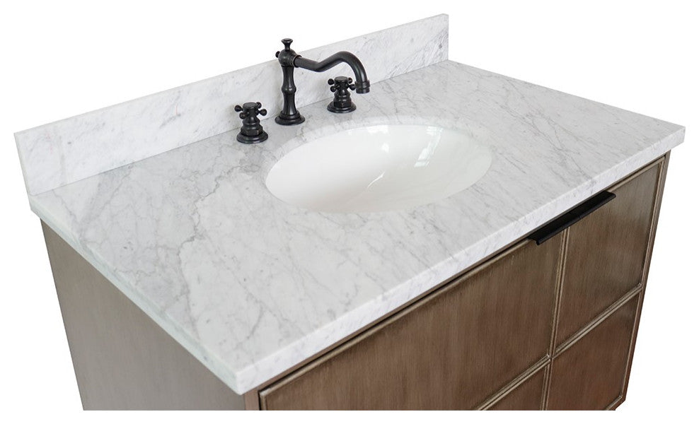 37" Single Wall Mount Vanity, Linen Brown Finish With White Carrara Top
