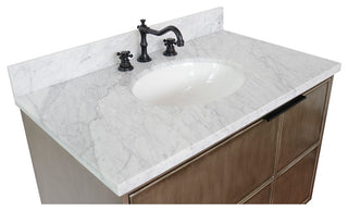 37" Single Wall Mount Vanity, Linen Brown Finish With White Carrara Top
