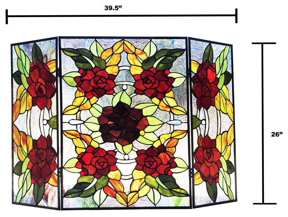 CANNA Tiffany-Style 3-Piece Folding Floral Stained Glass Fireplace Screen, 40"