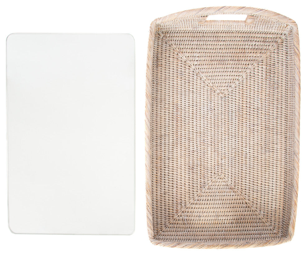 Rectangular Tray With Glass Insert, White Wash, 21"x14"x2"