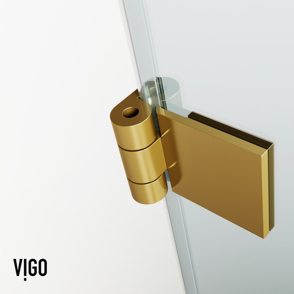 VIGO Rialto 34" W x 58" H Frameless Hinged Tub Door, Matte Brushed Gold, Clear Glass