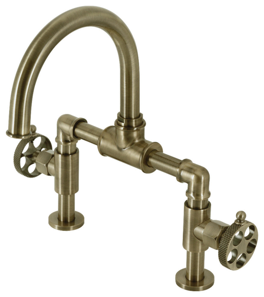 Kingston Brass KS2173RKX Bridge Bathroom Faucet With Push Pop-Up, Antique Brass