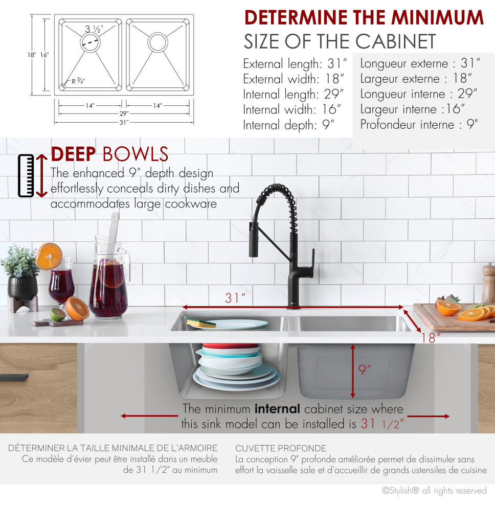 STYLISH 31 inch Double Bowl Undermount Stainless Steel Kitchen Sink