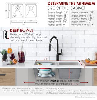 STYLISH 31 inch Double Bowl Undermount Stainless Steel Kitchen Sink
