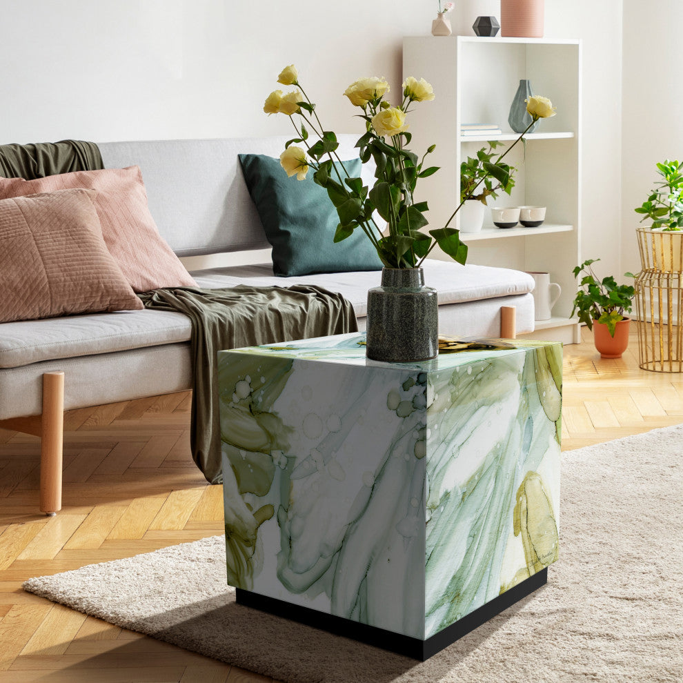 "Seaglass Garden I" Reverse Printed Art Glass Side Table with Black Plinth Base