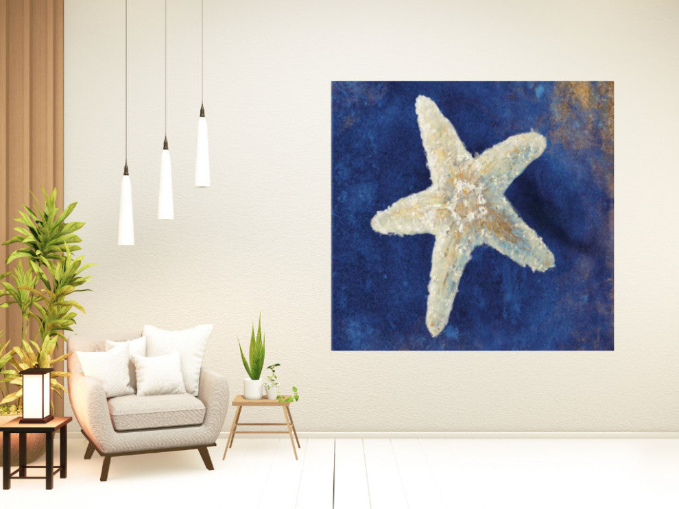 20" Rustic Deep Blue and Gold Starfish Giclee Wrap Canvas Wall Art