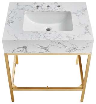 Marmo Bathroom Vanity, White, 30" Wide, Brushed Brass Finish