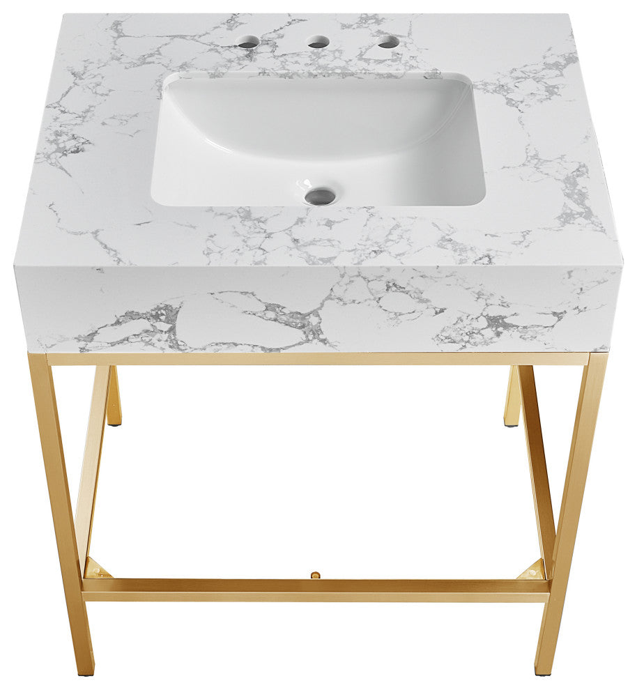 Marmo Bathroom Vanity, White, 30" Wide, Brushed Brass Finish