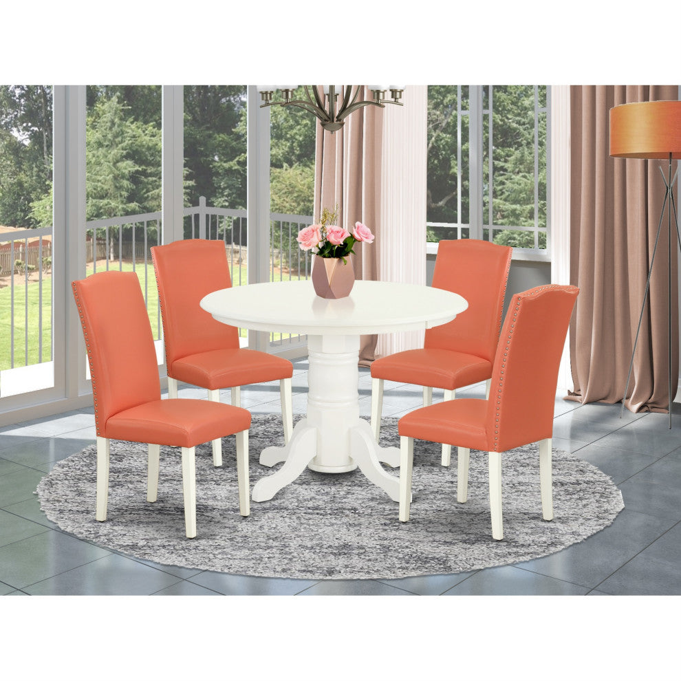 5-Piece Rounded 42" Table and 4-Parson Chair Color Pink Flamingo