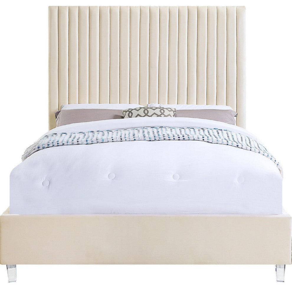Benzara BM284011 Modern King Size Bed, Channel Tufted Panel Headboard, Beige