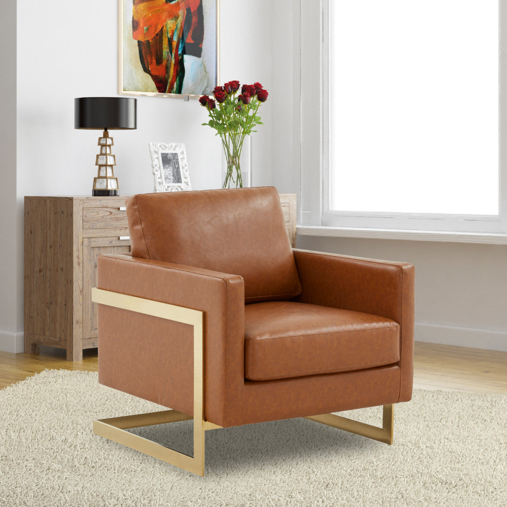 LeisureMod Lincoln Modern Leather Accent Arm Chair With Gold Frame, Cognac Tan