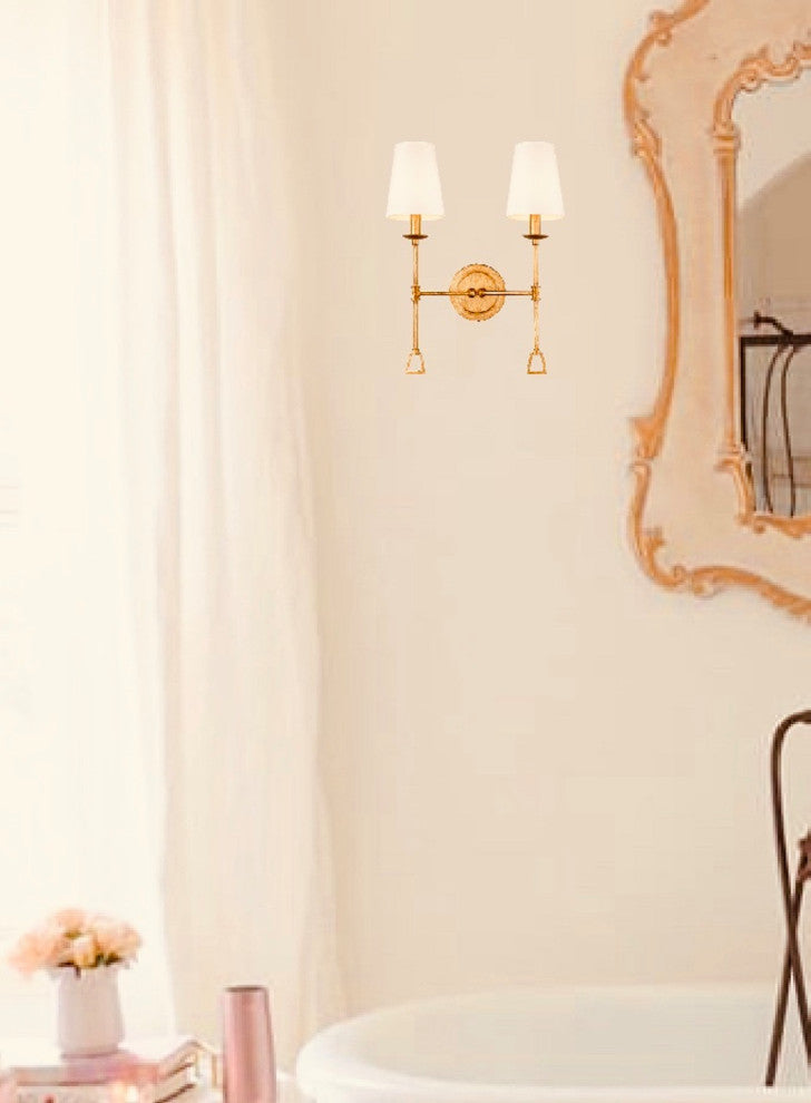 Two Light Traditional Sconce in Gilded Gold with Shade