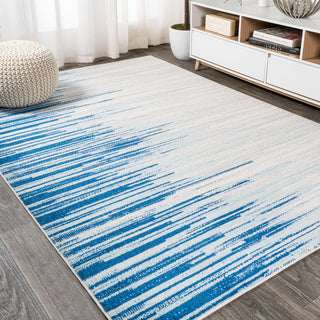 Linear Modern Half-Stripe Area Rug, Blue/Cream, 4 X 6
