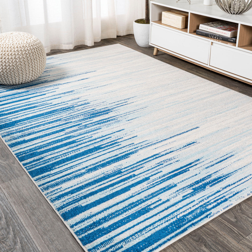 Linear Modern Half-Stripe Area Rug, Blue/Cream, 4 X 6