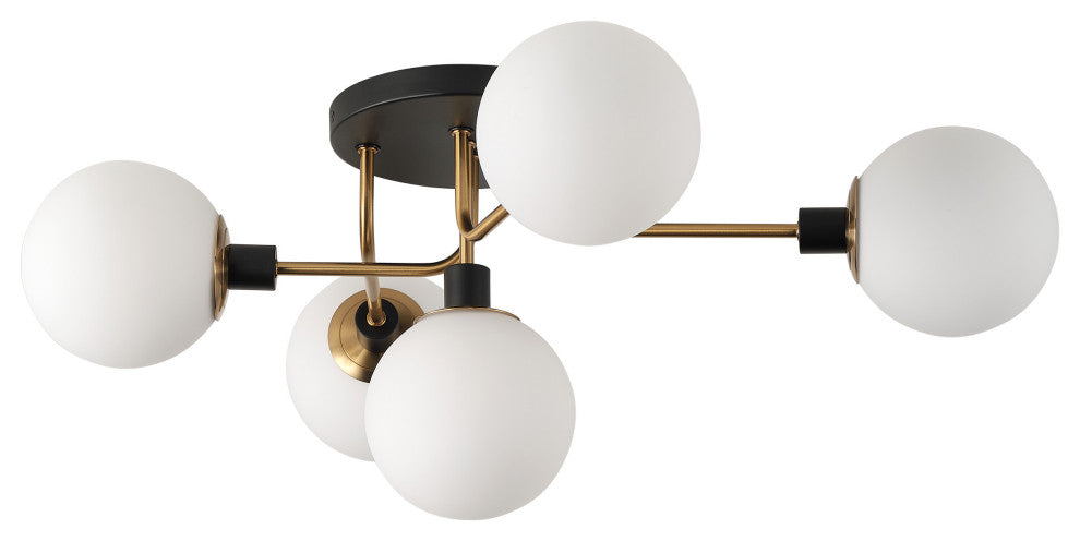 Black 5-Light Semi Flush Mount Ceiling Light With White Glass Shades