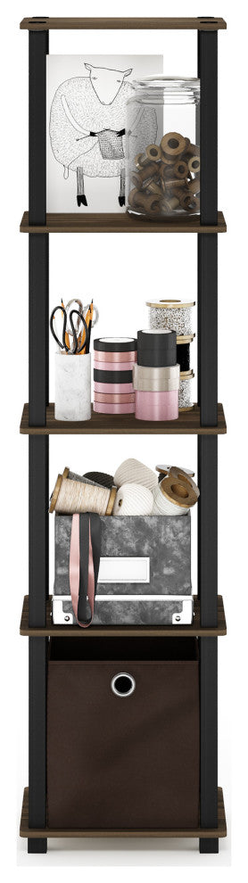 5-Tier Display Decorative Shelf with One Bin, Columbia Walnut/Black/Dark Brown