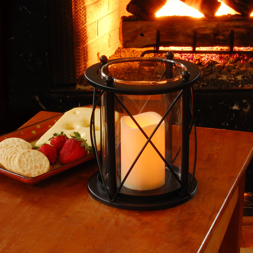 Round Criss Cross Metal Lantern with LED Candle, Black