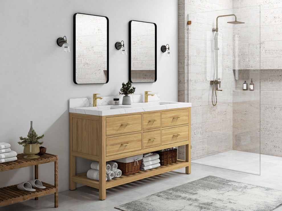 Parker Teak 60" Double Sink Vanity, Light Natural, 60" Double, 2" White Quartz