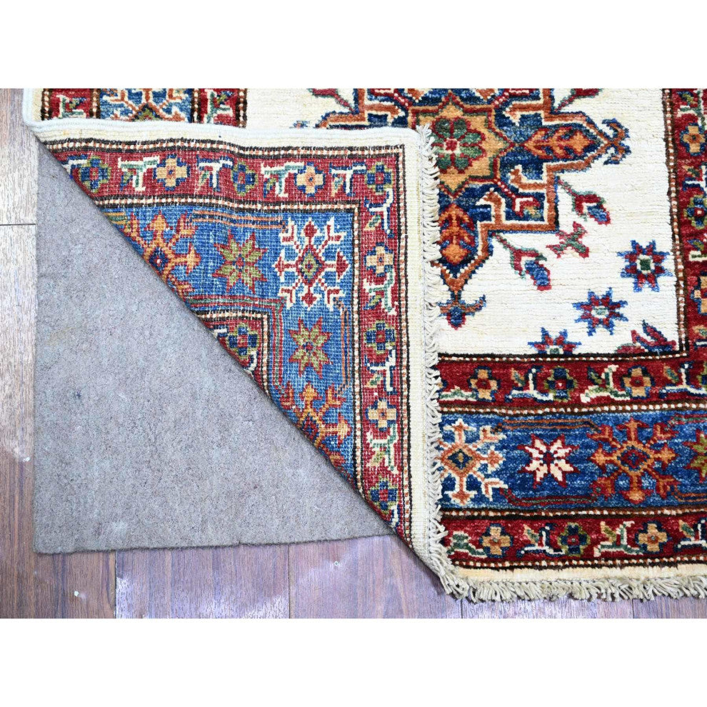 Ivory Hand Knotted Afghan Super Kazak Vibrant Wool Runner Rug 2'7"x12'10"