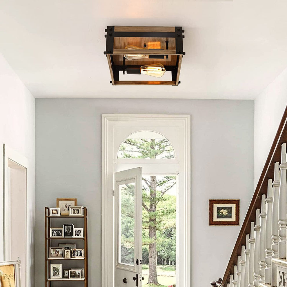 2 Light Flush Mount Ceiling Light Fixture Farmhouse Rust Black and Wood Ceiling