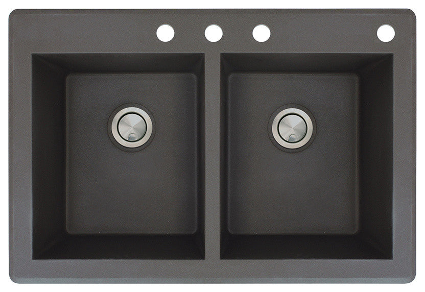 Radius 33" silQ Granite Drop-in Double Bowl Kitchen Sink with 4 Holes in Black